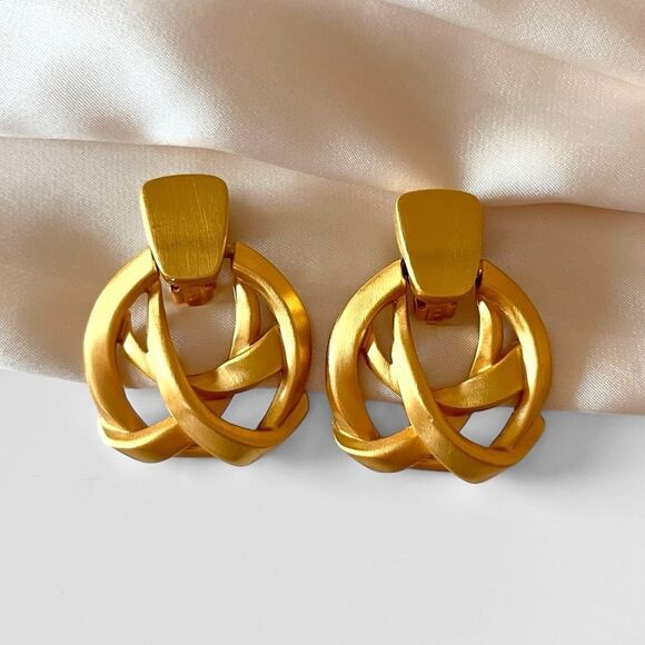 Vintage Anne Klein Matte Gold Door Knocker Earrings - Picture 1 of 4